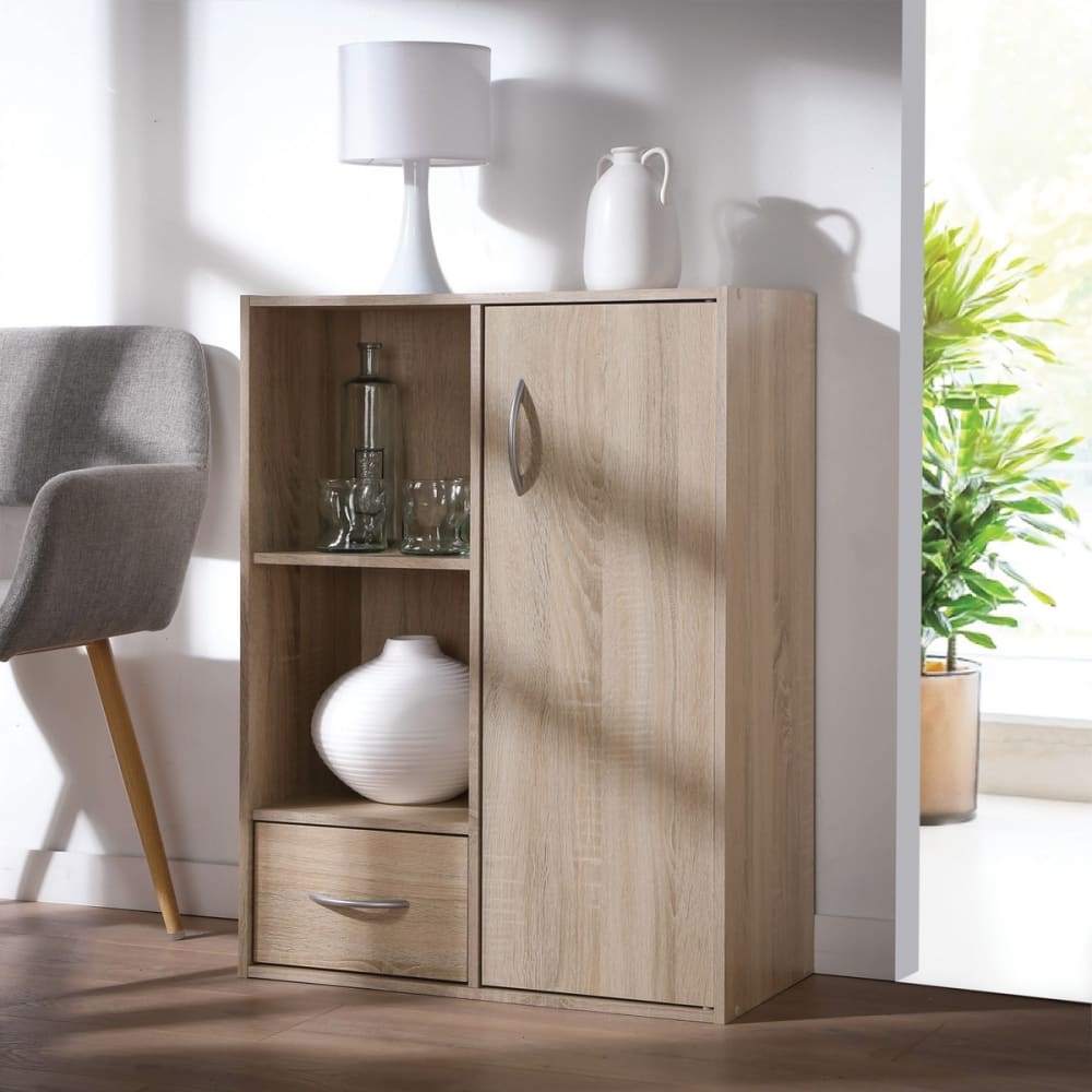 Étagère de rangement 2 cases 1 tiroir 1 porte effet bois - l62 x h80cm - Maisons du Monde