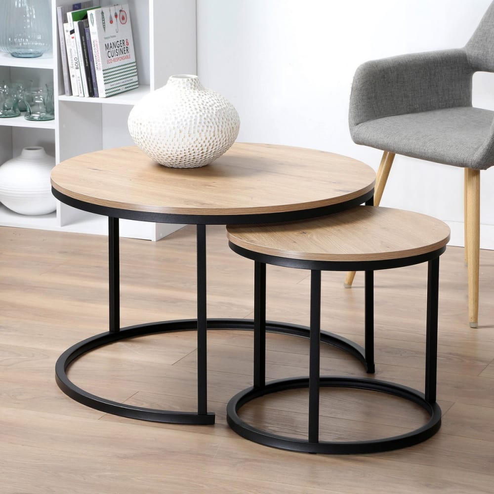 Lot de 2 tables basses gigognes rondes - chêne et noir - Maisons du Monde