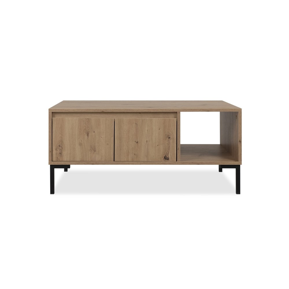 Table basse 2 portes 1 niche effet bois - L100 x H43 cm
