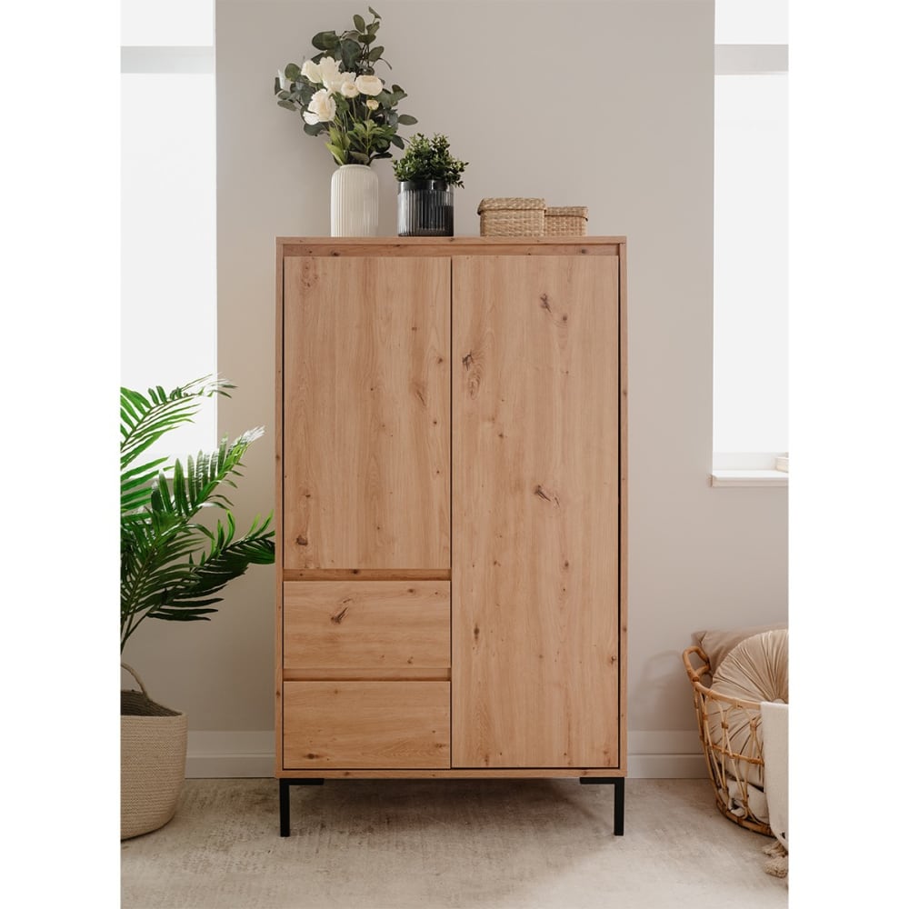 Buffet haut 2 portes 2 tiroirs effet bois - l81 x h139 cm