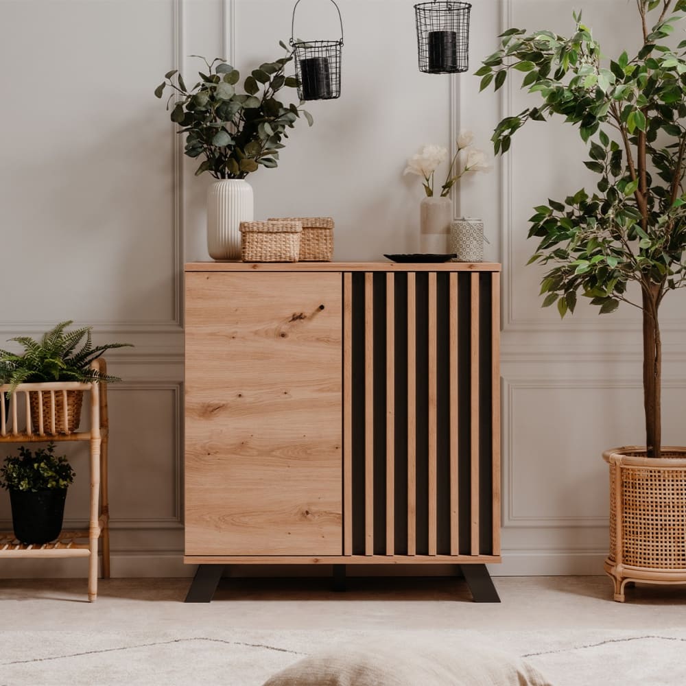 Buffet 2 portes effet bois avec tasseaux - L80 x H85 cm