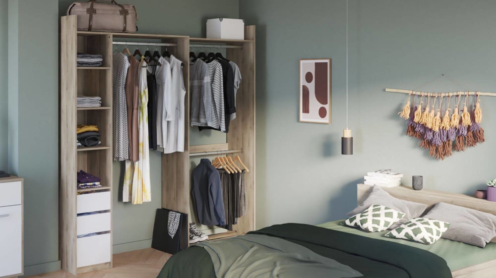 Dressing extensible d'angle effet bois clair et blanc