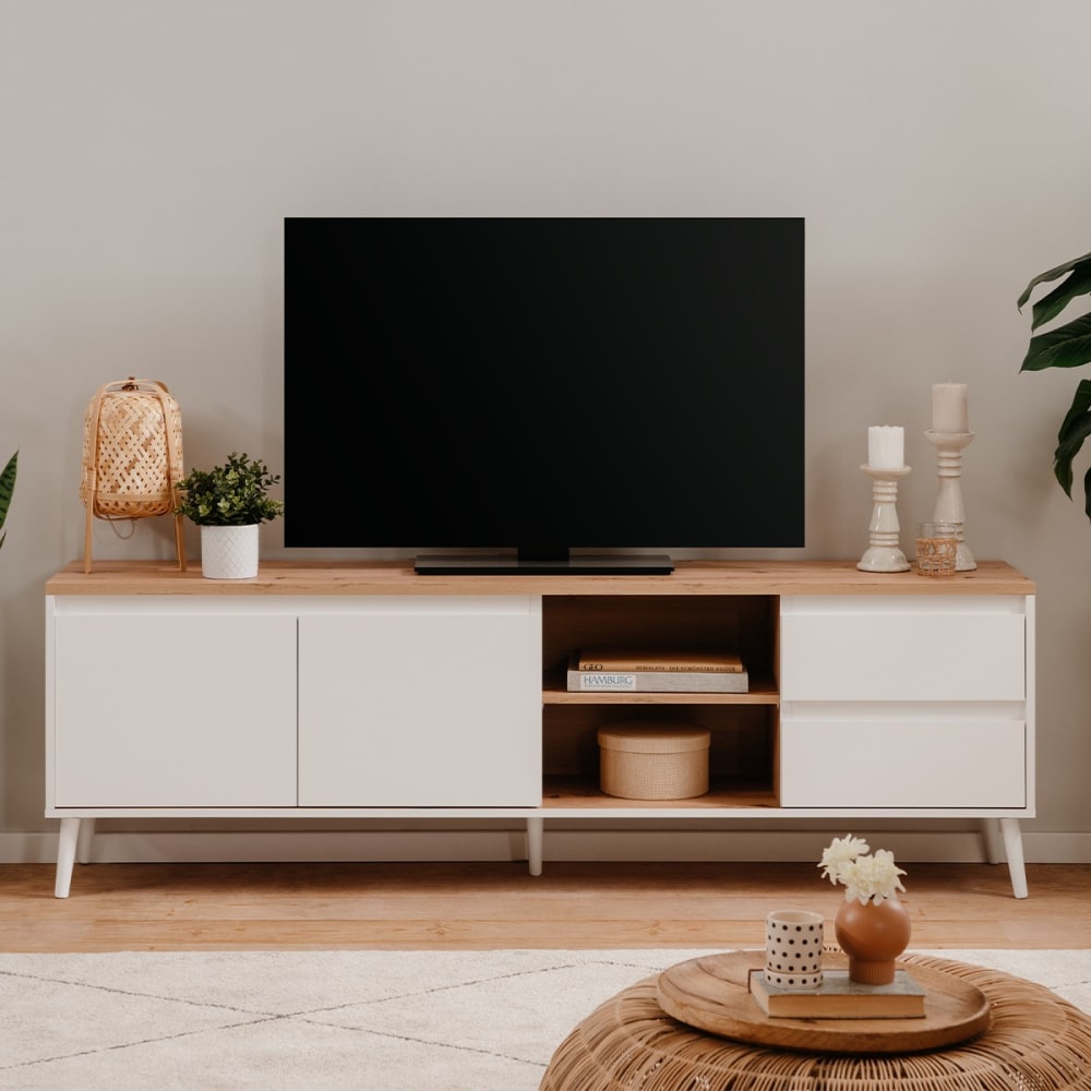 Meuble tv 2 portes, 2 niches et 2 tiroirs effet bois - l186 x h59 cm - Maisons du Monde