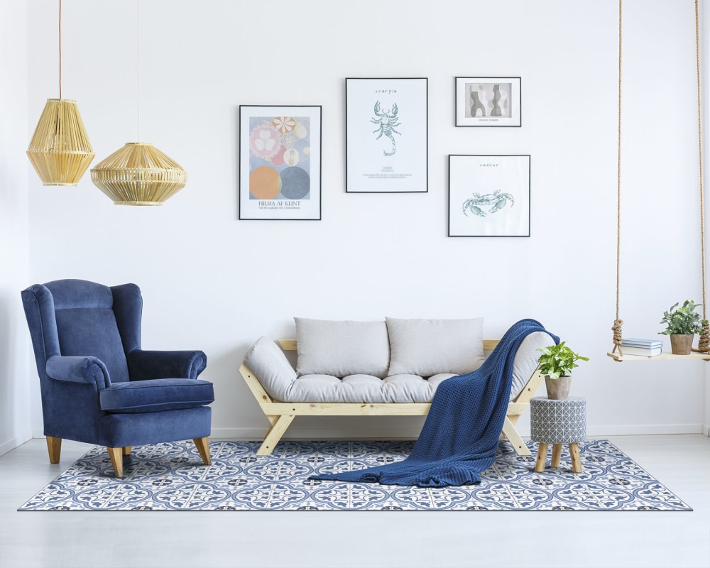 Tapis vinyle carreaux ciments fleur bleu 300x200cm