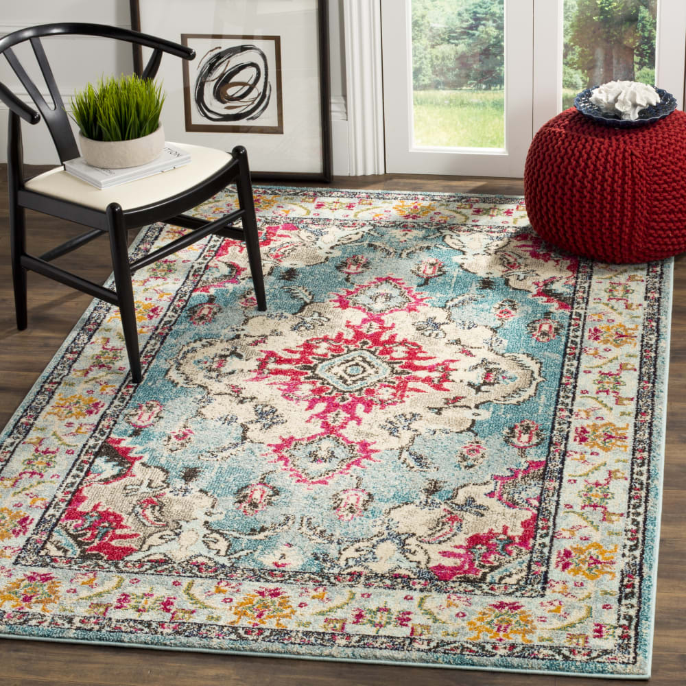 Alfombra boho chic de polipropileno azul/rosa, 122 x 170 cm