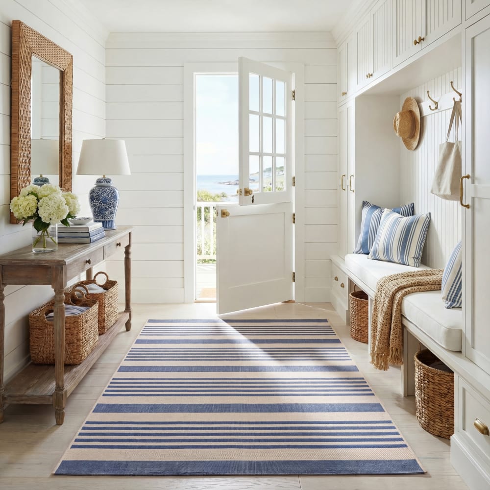 Tapis rayé en polypropylène beige/bleu, 201 x 290 cm - Maisons du Monde