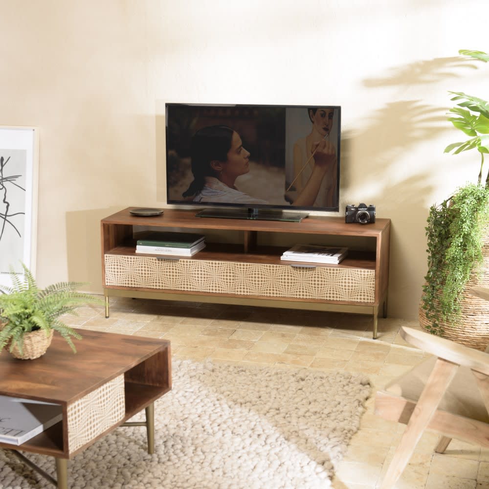 Meuble tv en bois de manguier 2 niches 2 tiroirs