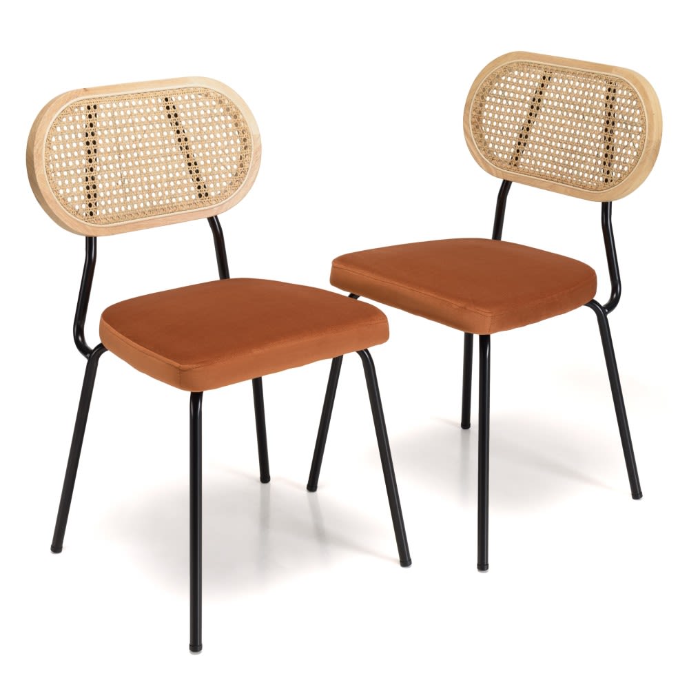 Lot de 2 chaises métal noir assise velours orange ambré dossier rotin