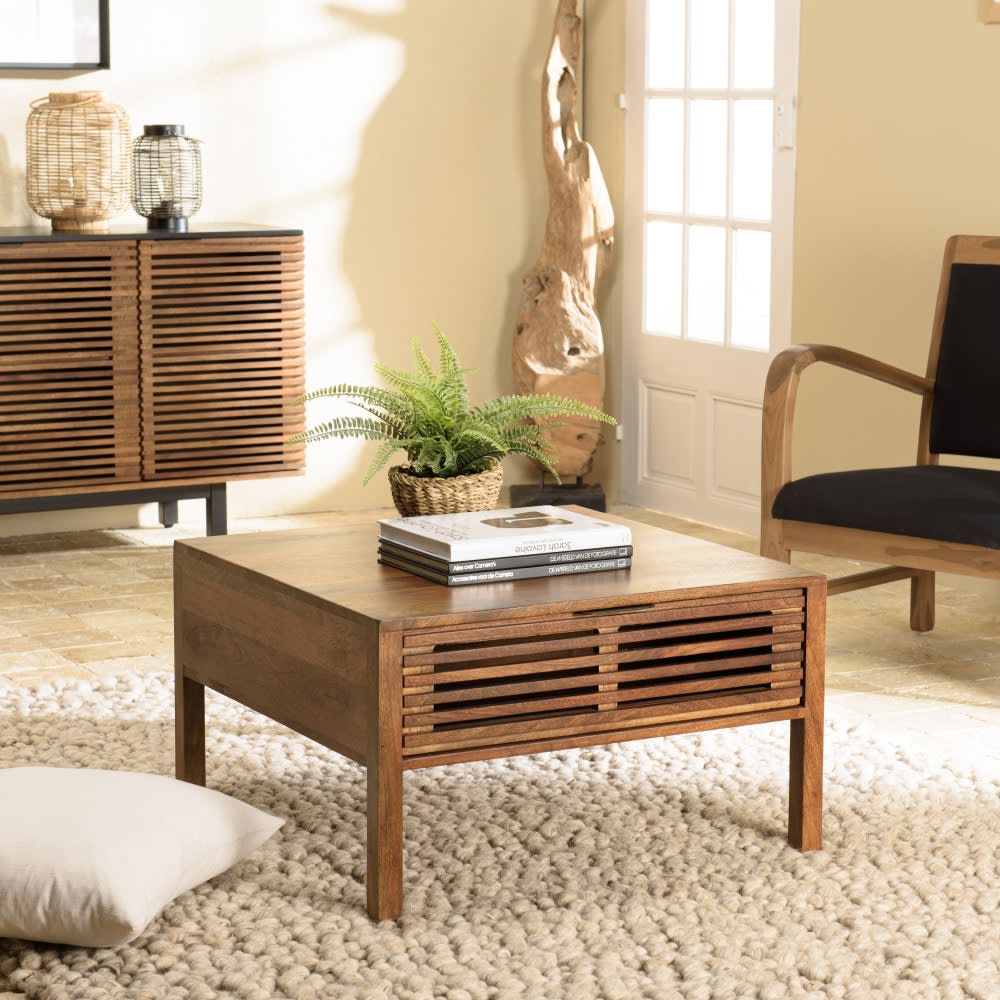 Table basse carrée 70x70cm en bois de manguier 2 tiroirs ajourés