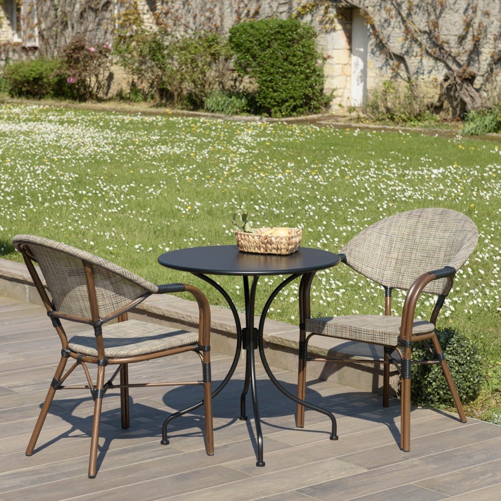 Salon de jardin 2 personnes - 1 table ronde 70cm 2 chaises textilène