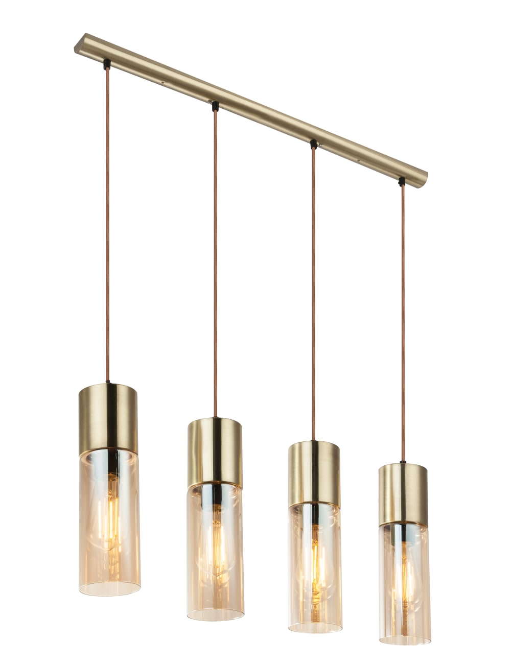 GLOBO LIGHTING Hängeleuchte Metall messingfarben, matt, Glas amber, Kabel Textil Braun, LxBxH: 800x90x1560mm, Kabellänge 1200mm, exkl. 4x E27 25W 230V