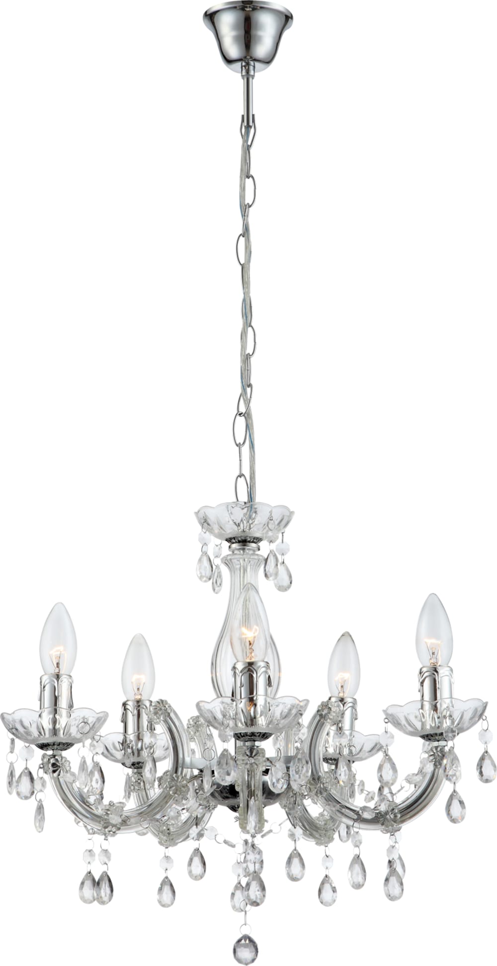GLOBO LIGHTING Luster Metall verchromt, klar, Acryl klar, Kabel PVC Grau, ø: 440mm, H: 1280mm, exkl. 5x E14 40W 230V Transparent