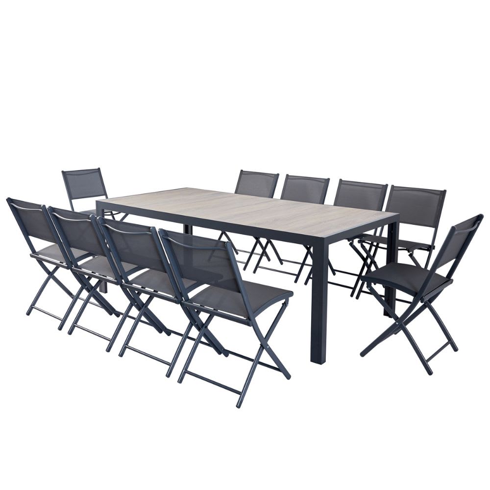Ensemble table aluminium effet bois et 10 chaises
