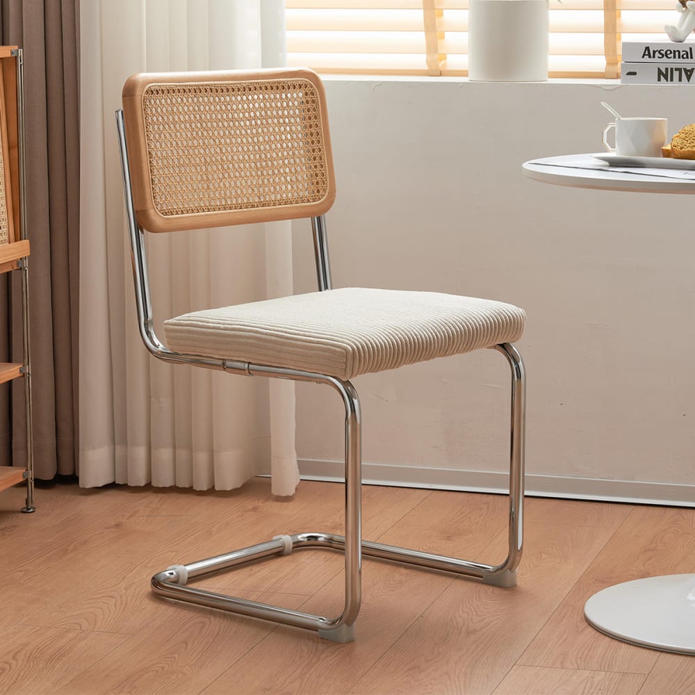 Lot de 2 chaises en cannage velours côtelé beige et métal chromé