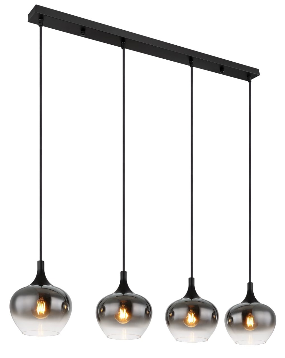 GLOBO LIGHTING Hängeleuchte Metall schwarz matt, Glas rauchfarben, Kabel Textil Schwarz, LxBxH: 1000x180x1200mm, exkl. 4x E27 40W 230V Schwarz