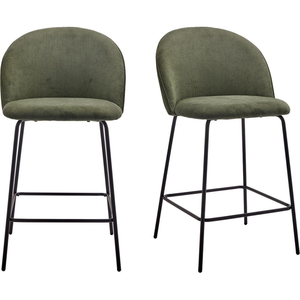 Lot de 2 tabourets de bar en velours côtelé vert, piètement noir Lot de 2 tabourets de bar en velours côtelé vert, piètement noir