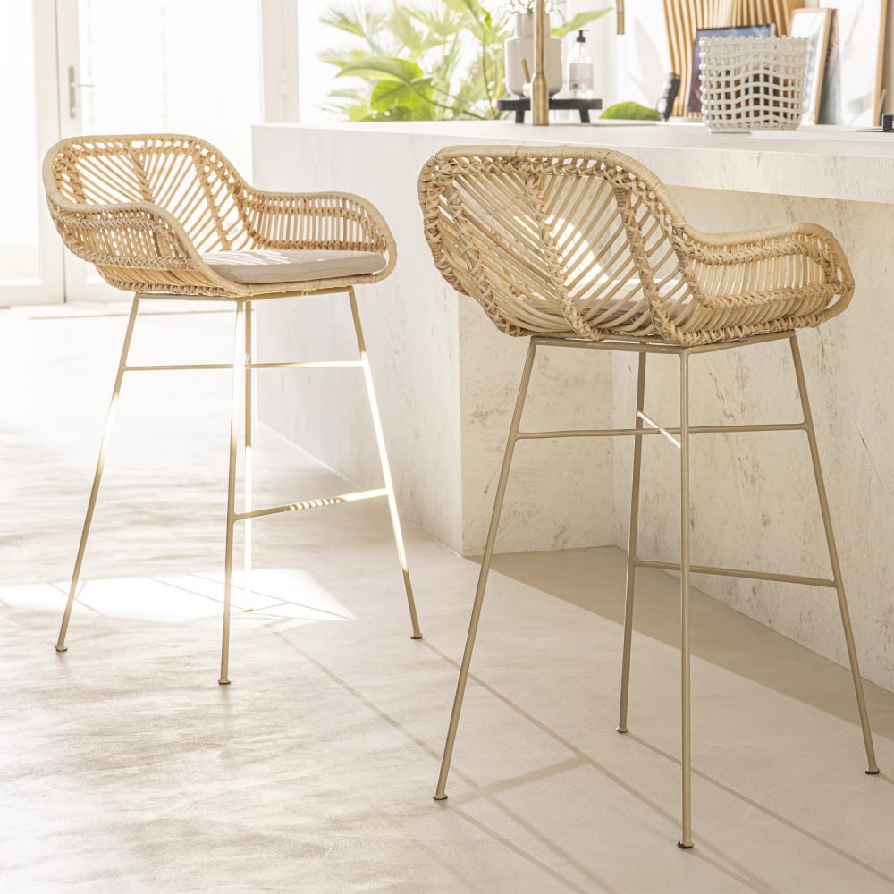 Lot de 2 tabourets de bar en rotin pieds beiges H68cm - Naturel