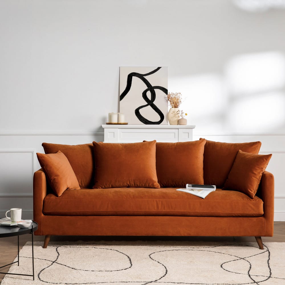 Canapé convertible 3 places en velours pieds bois foncé - rouille - Maisons du Monde