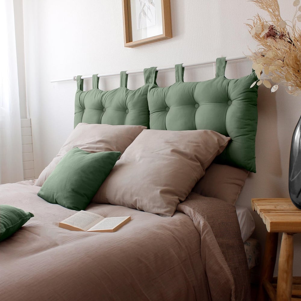 Coussin tête de lit en coton et pattes boutonnées vert 70x45 cm
