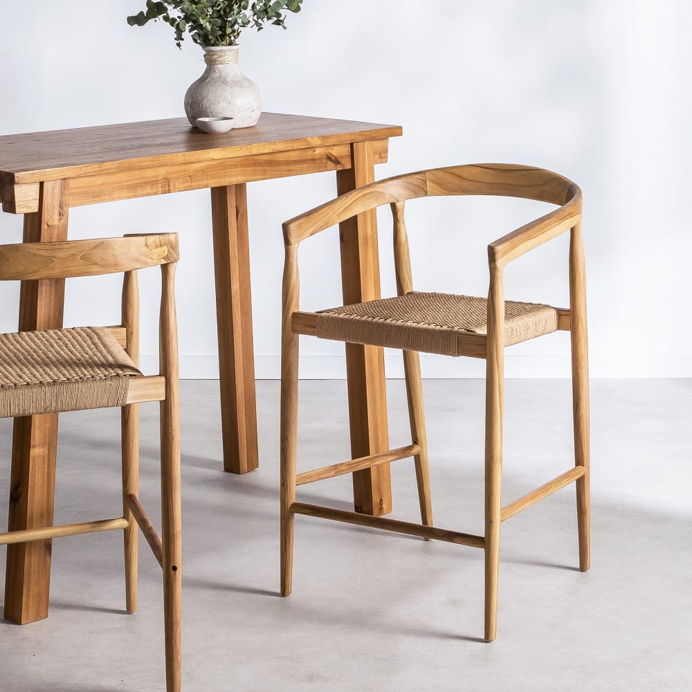 Lot de 2 fauteuils de bar en teck et corde tressé h65cm - bois clair - Maisons du Monde