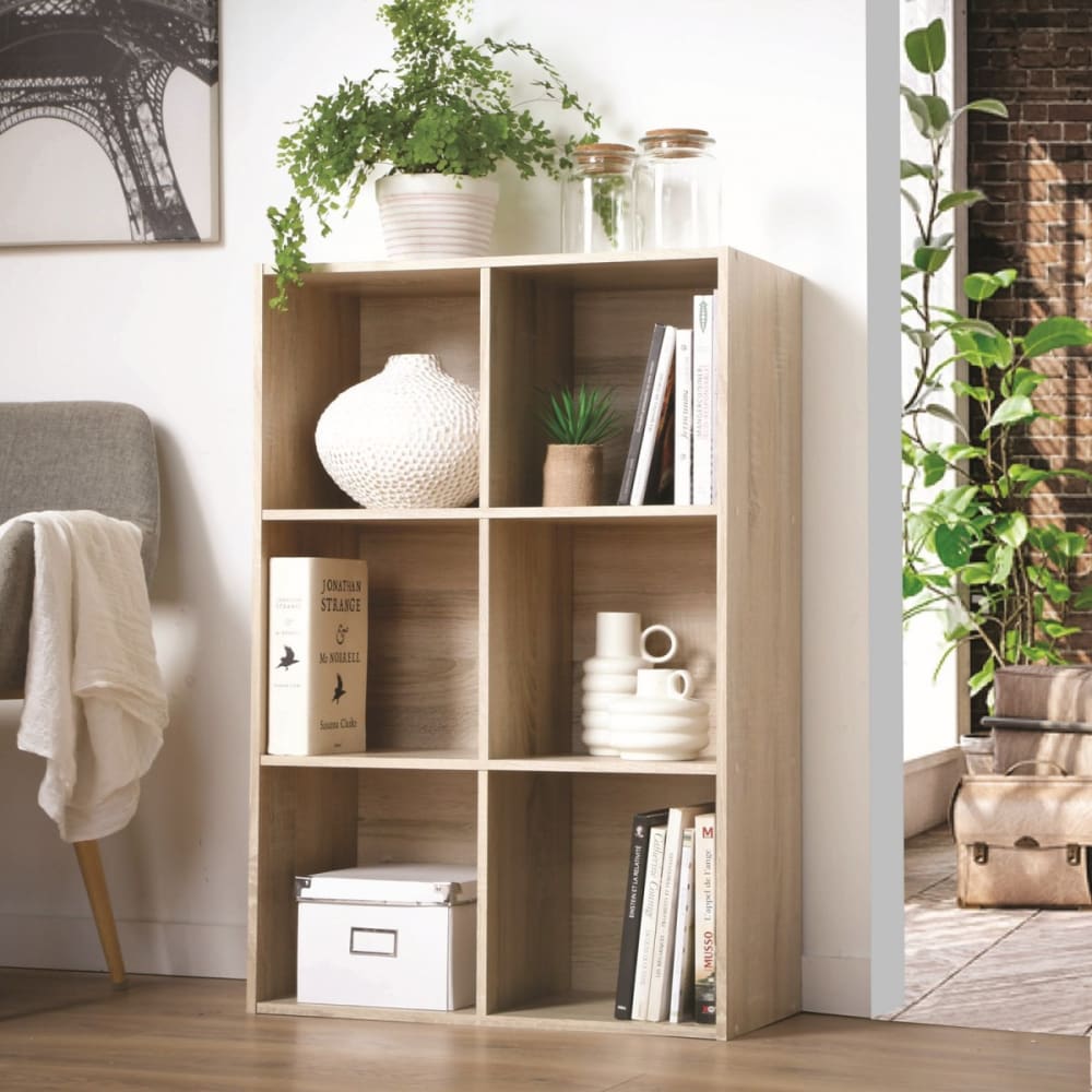 Étagère de rangement 6 cases - l61 x h91 cm - bois clair