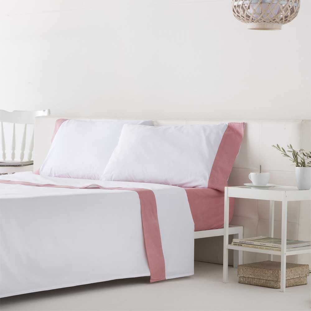 Juego de sábanas 100% algodón orgánico blanco y coral 280x260 Cama 200