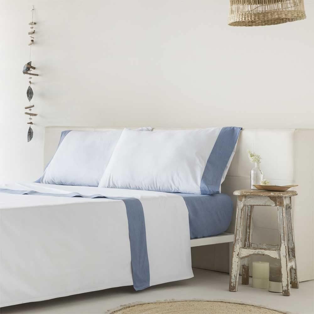 Juego de sábanas 100% algodón orgánico blanco y azul 240x260 Cama 150