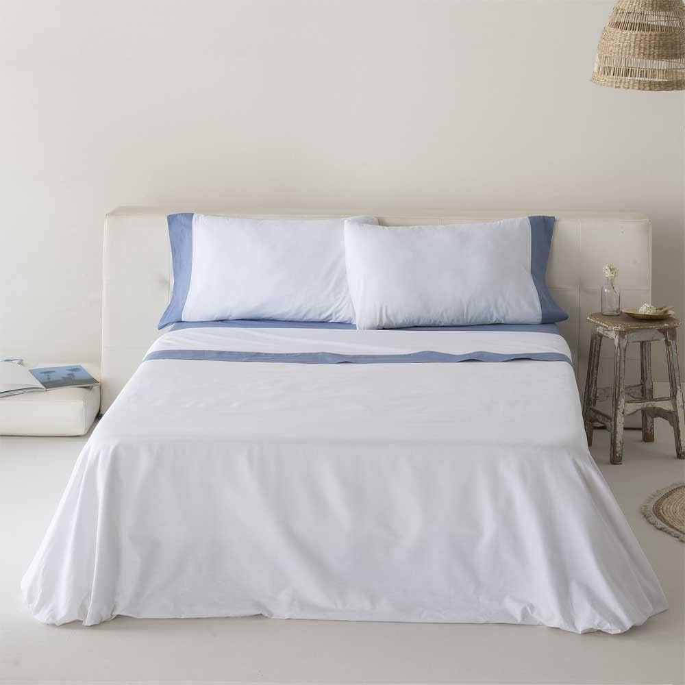 Juego de sábanas 100% algodón orgánico blanco y azul 240x260 Cama 150 - Maisons du Monde