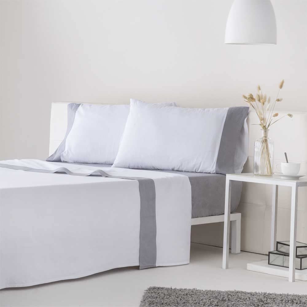 Juego de sábanas 100% algodón orgánico blanco y gris 240x260 Cama 150