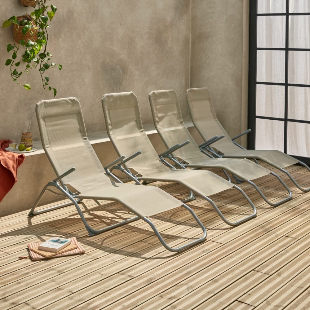 Bains de soleil pliants taupe en textilène Bains de soleil pliants taupe en textilène
