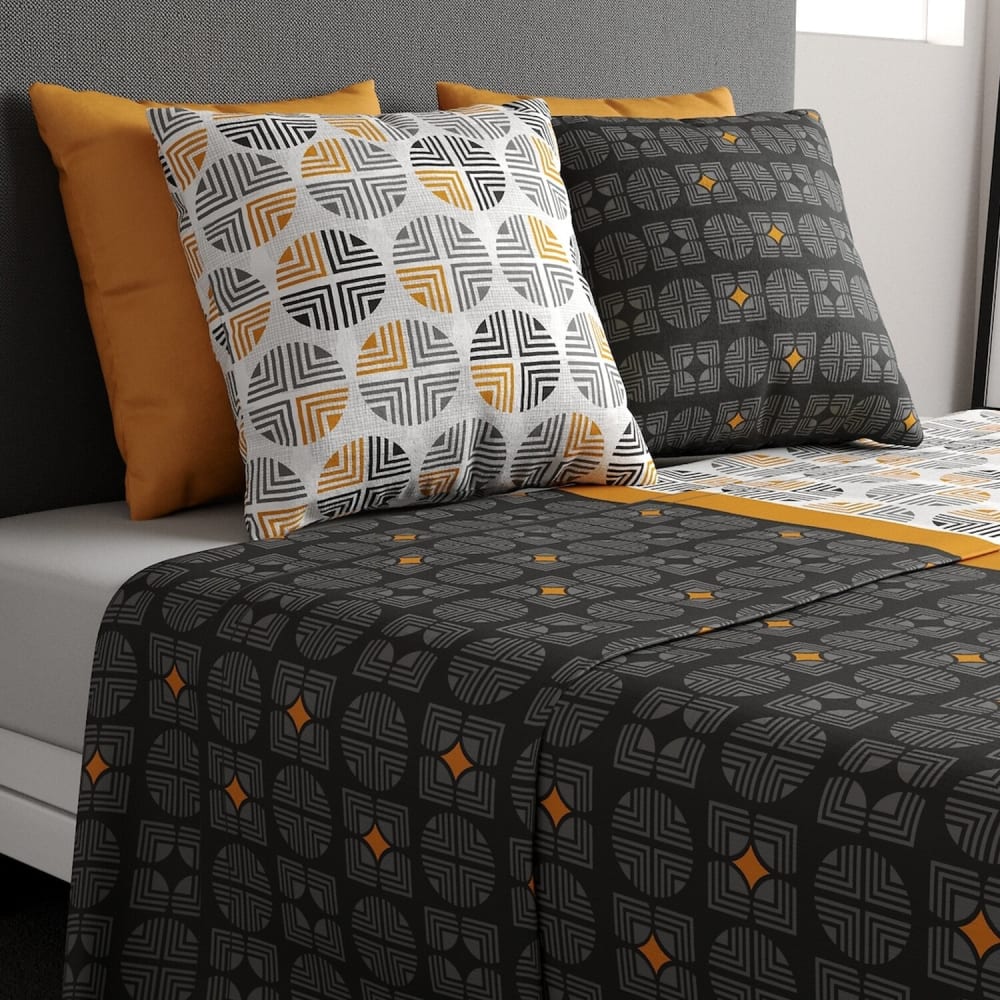 Atelier du coton Parure de draps coton imprimée + taie 180x290 cm style classique chic Gris Certifié Oeko-Tex
