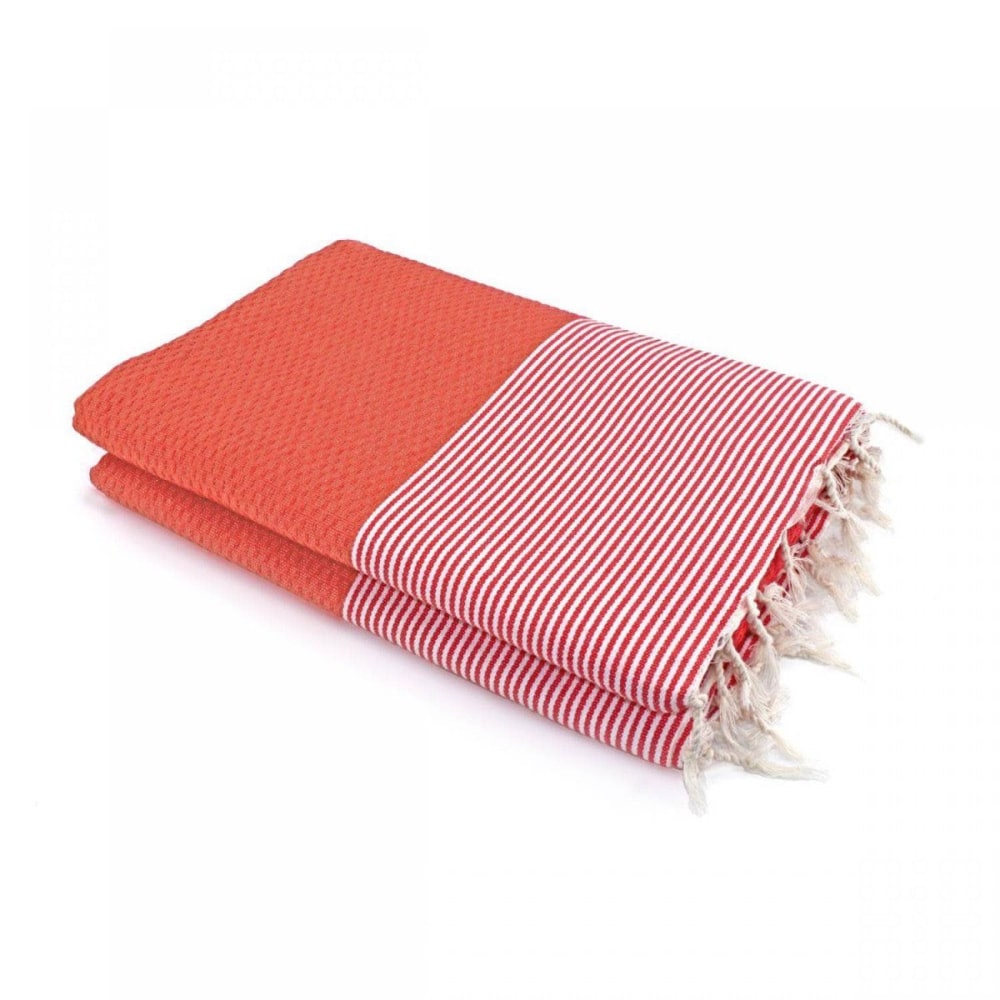 Fouta nid d'abeille xxl coton 200x200 rouge corail