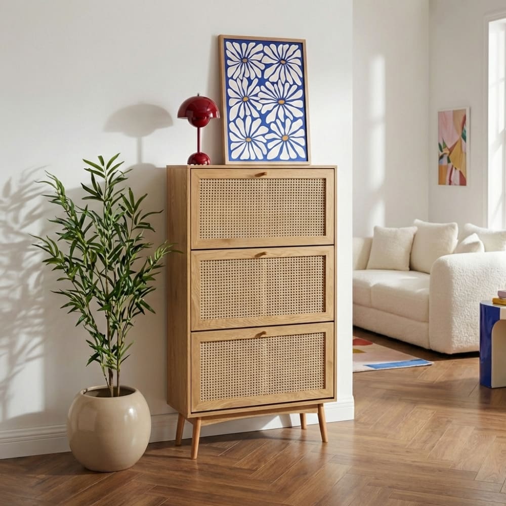 Meuble à chaussures   effet chêne et cannage rotin