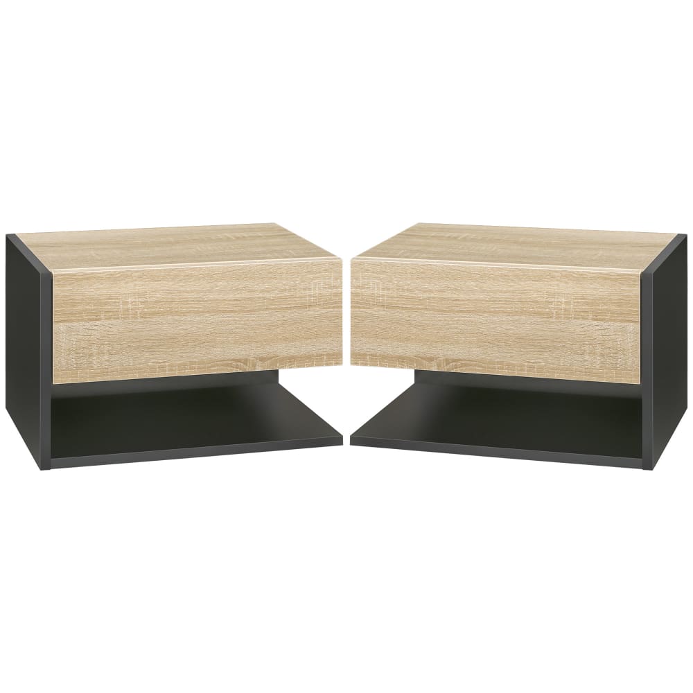 Homcom 2er-Set Wandnachttische, Eiche hell & schwarz - Spanplatte