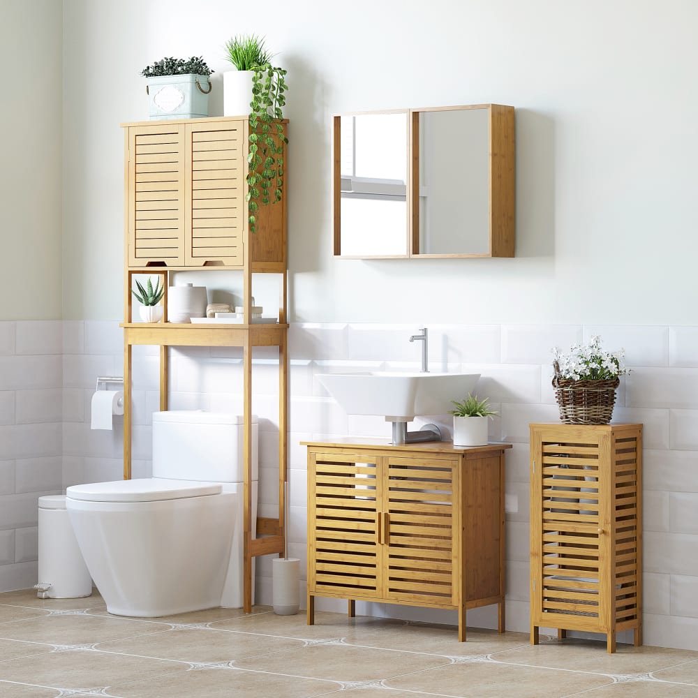 Badezimmer-Kommode mit Tür & Regal - lackiertes Bambusholz -