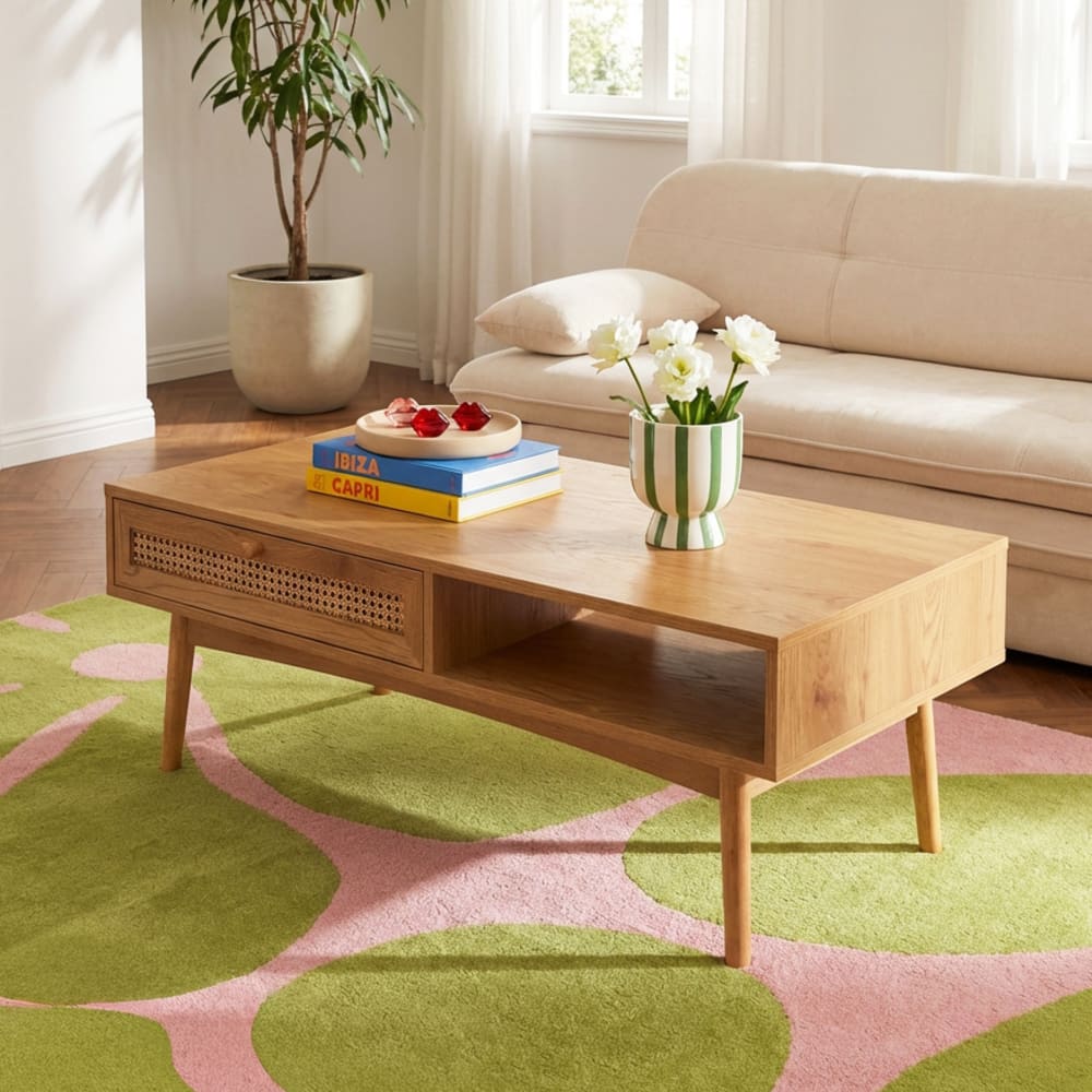 Table basse  effet chêne et cannage rotin