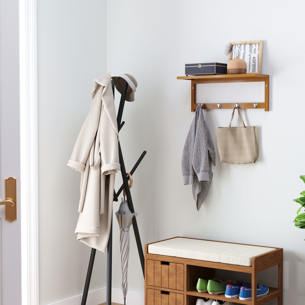 Porte-manteau mural penderie murale étagère 4 patères bambou naturel — vue 3