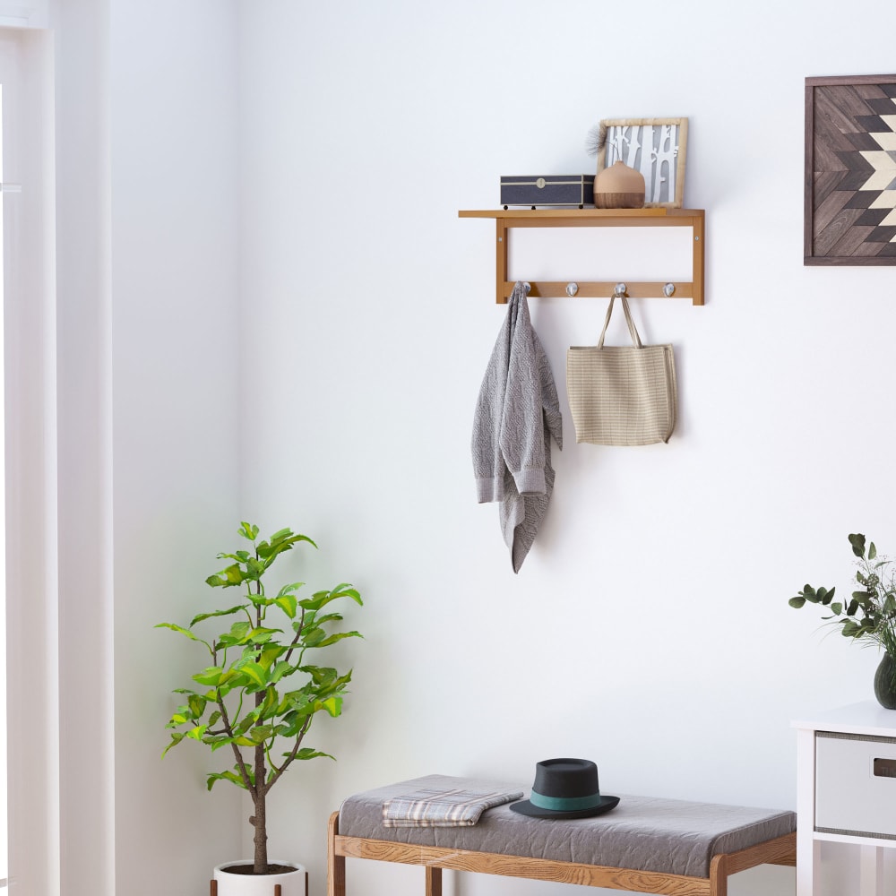 Porte-manteau mural penderie murale étagère 4 patères bambou naturel — vue 4