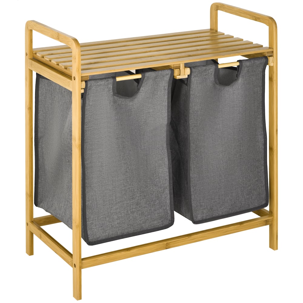 Panier à linge corbeille à linge bambou 2 paniers amovibles gris