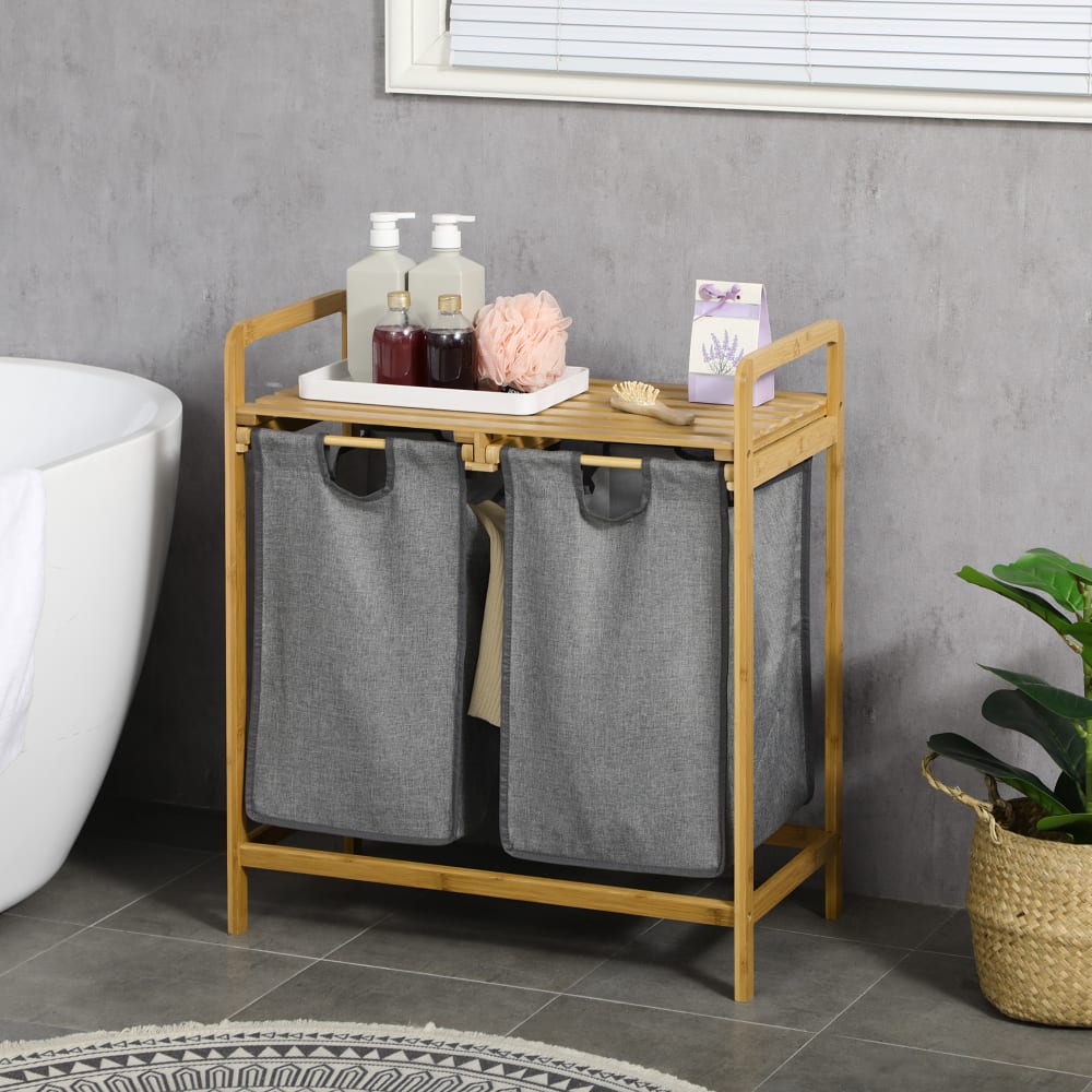 Panier à linge corbeille à linge bambou 2 paniers amovibles gris — vue 3