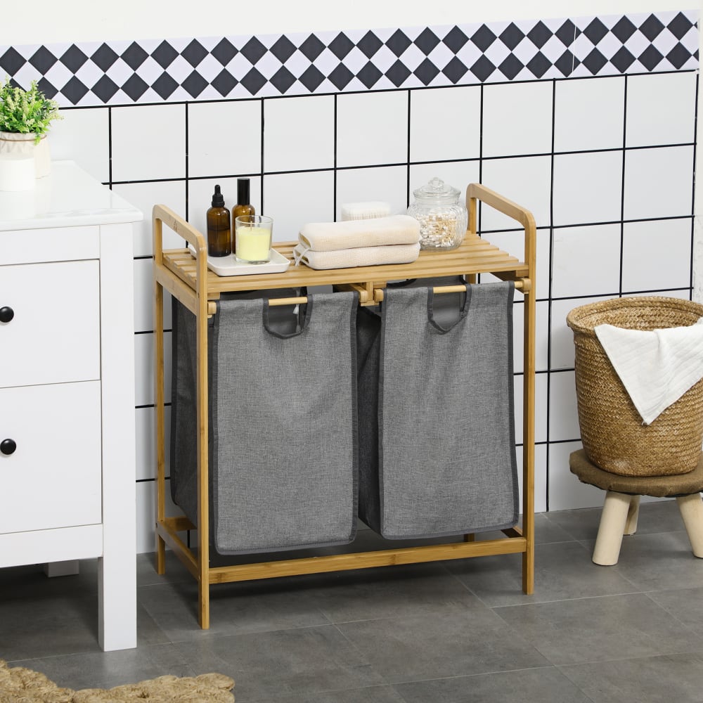 Panier à linge corbeille à linge bambou 2 paniers amovibles gris — vue 4