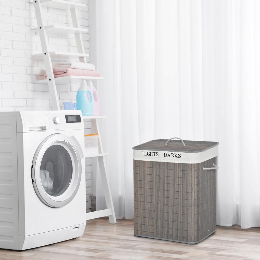 Panier à linge corbeille à linge 2 bacs pliables bambou gris — vue 4