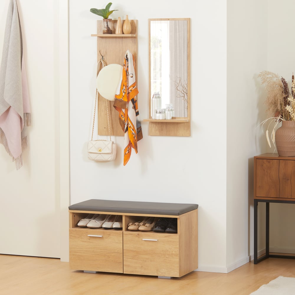 Vestiaire d'entrée 3 en 1 - miroir, porte-manteau, banc à chaussures