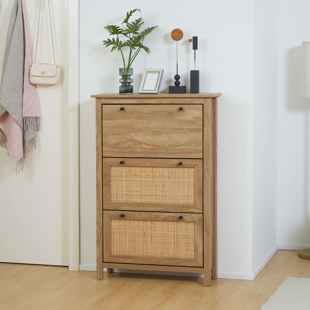 Meuble à chaussures 3 portes abattants aspect bois effet cannage rotin