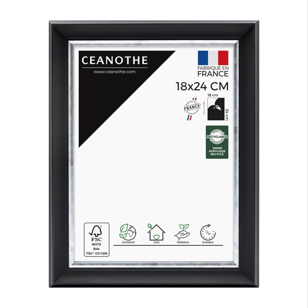 Cadre photo noir et finition argent 18x24 cm résine recyclée