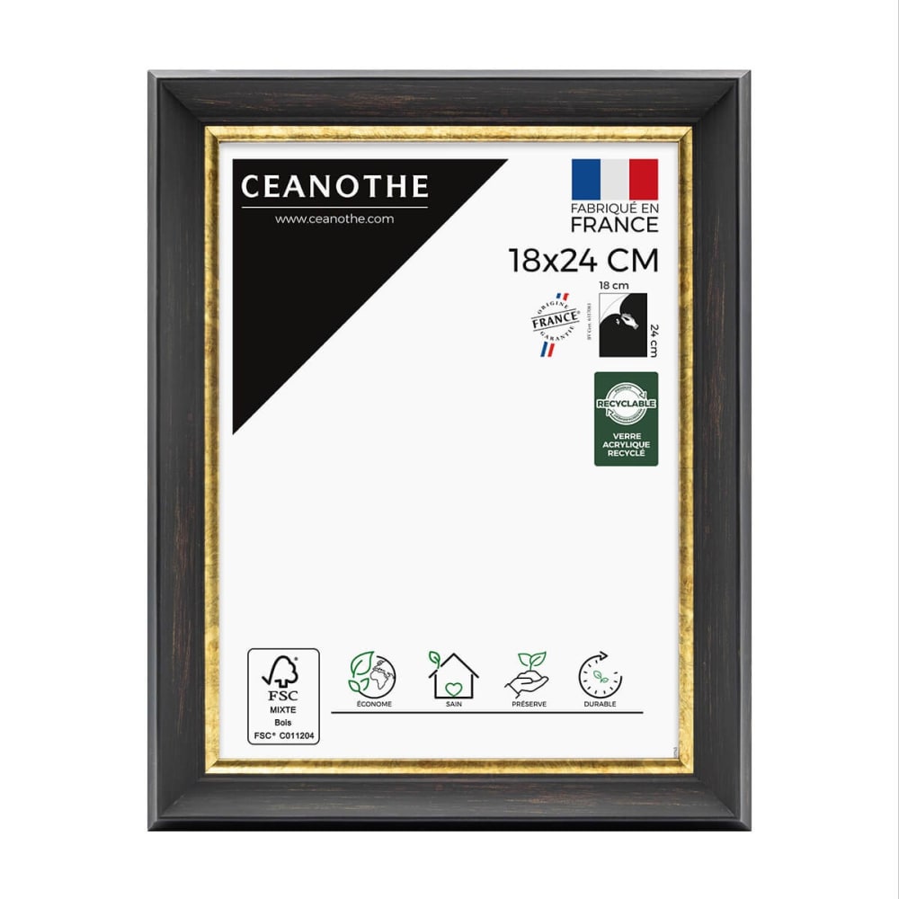 Cadre photo noir et finition doré 18x24 cm résine recyclée