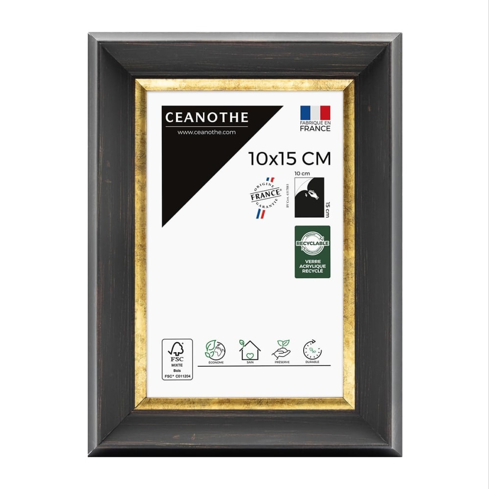 Cadre photo noir et finition doré 10x15 cm résine recyclée
