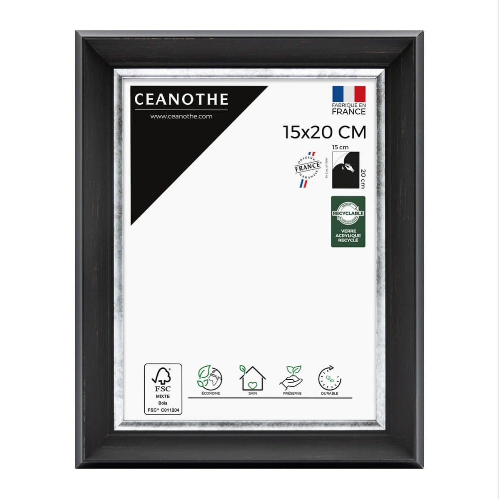Cadre photo noir et finition argent 15x20 cm résine recyclée