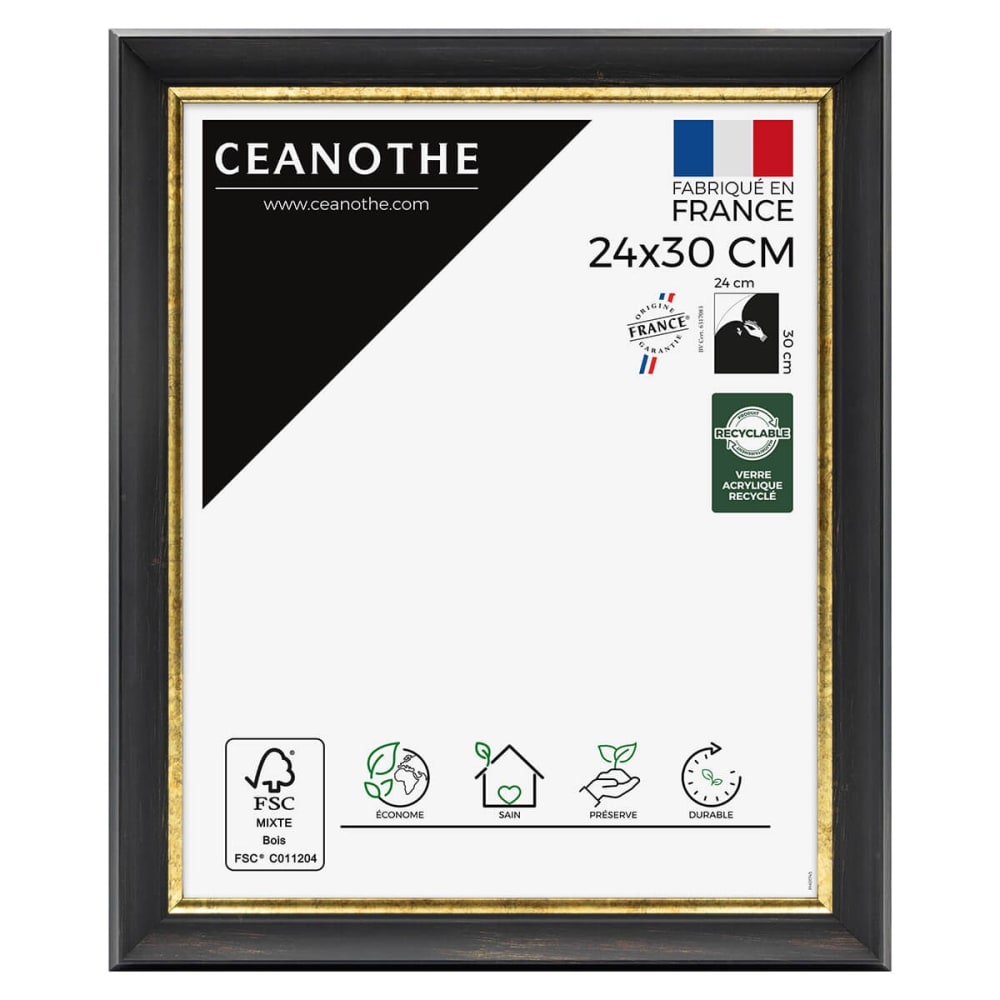 Cadre photo noir et finition doré 24x30 cm résine recyclée