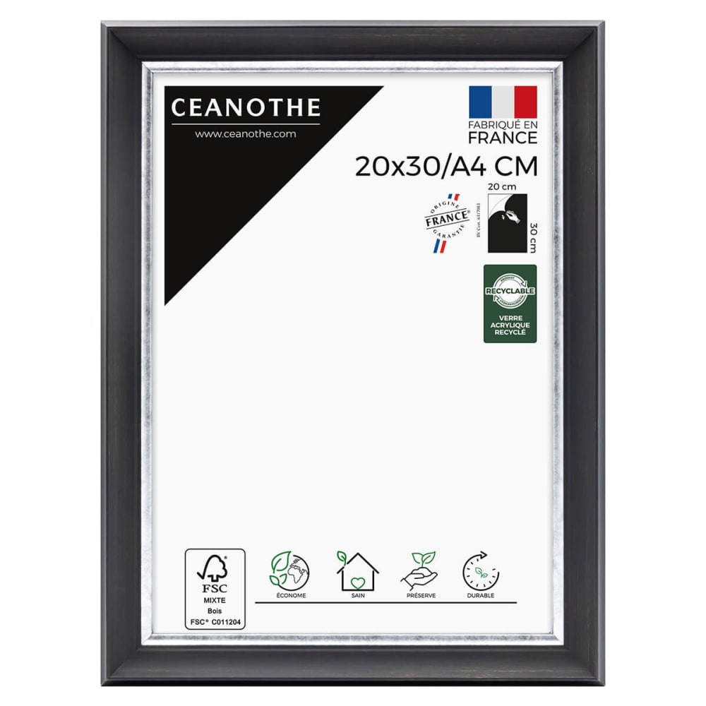 Cadre photo noir et finition argent 20x30/A4 cm résine recyclée